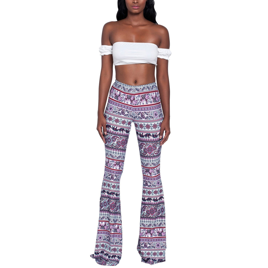 goosudu Summer New Women High-Waist Stretch-Print Trousers Wide-Leg Loose-Fitting Trousers Sexy Flared Pants Bottom Casual Leggings