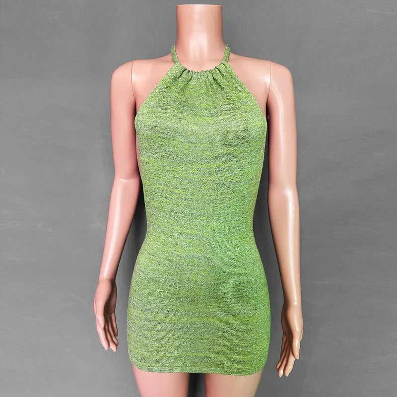 Summer Gradient Backless Knit Dress Women  New Mini Beach Party Halter Dress Holiday Slim Ladies Stretch Sweater Dress