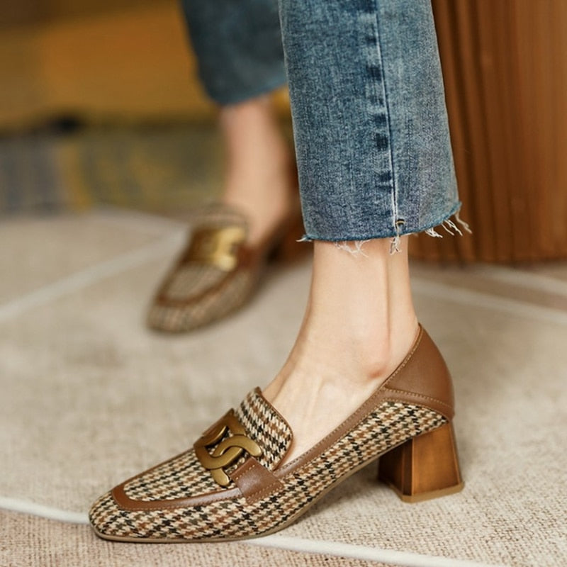 woloong  Spring/Autumn New Women Party Prom Square Heeled Pumps Basic Concise Pumps Cow Leather Brand Round Toe Loafers Woman