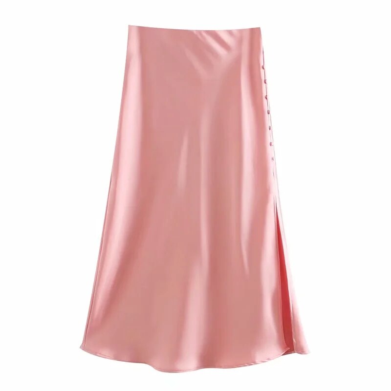 woloong  Summer Women Satin Elastic Waist Side Slit A-Line Skirt New Fashion Lady Button Decoration Falda Midi LUJIA ALAN P1597