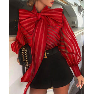 woloong  New Fashion Women's Puff Long Sleeve Striped Blouses Bow Collar Shirts Streetwear Ladies Casual Mesh Tops Camisas Blusa Mujer