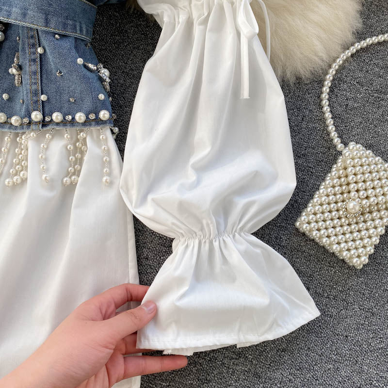 Spring New Blouse Women's Diamond Beaded Puff Sleeve Blusa Top Tassel Pearl Sling Waistcoat Two-piece Stacking Shirt C813