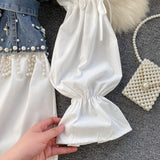 Spring New Blouse Women's Diamond Beaded Puff Sleeve Blusa Top Tassel Pearl Sling Waistcoat Two-piece Stacking Shirt C813