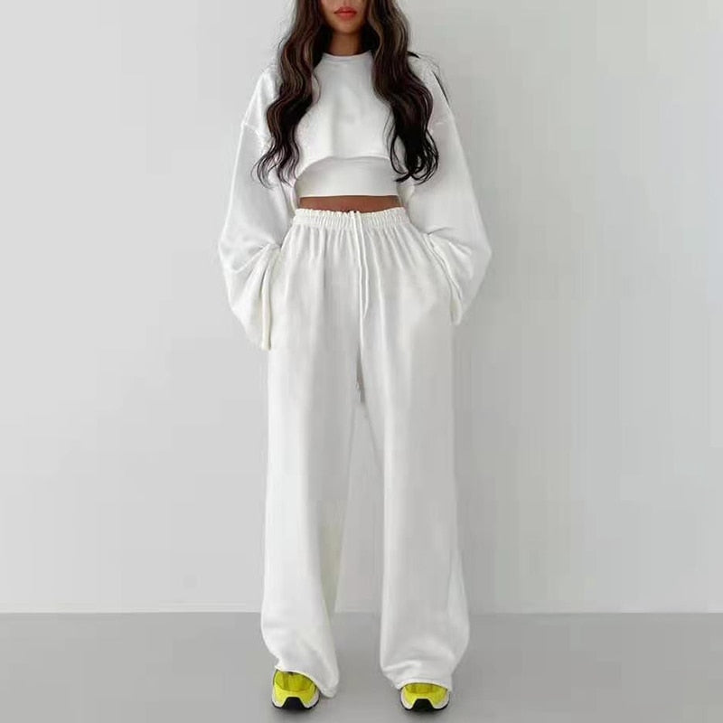 woloong  White Three Piece Set For Women O Neck Long Sleeve Tops Sleeveless Vest Wide Leg Pants Female Casual Sets New