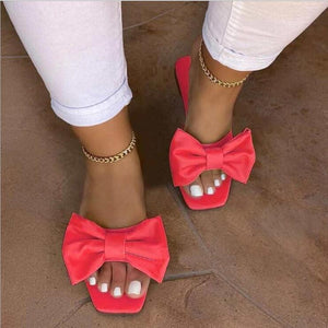 woloong  Spring/summer new outdoor flat leather bow non-slip beach lady slippers casual all-match fashion women sandals