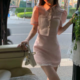 goosudu High quality summer Tweed two Piece Set Women Crop Top Jacket Coat + Mini Skirt Sets Female 2 Piece Suits ensemble femme