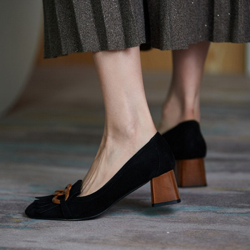 woloong  Fashion Newest Women Shoes Spring Thick Heels Pumps for Women Genuine Leather Kid Suede Office Lady Party Shoes for Women