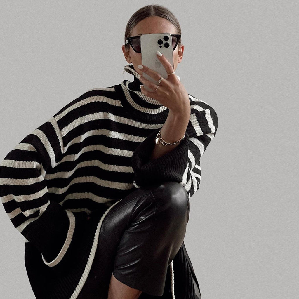 Winter Women’s Long Sleeves Knit Sweater Turtleneck Striped Print Loose Pullover Tops New Autumn Oversized Sweater