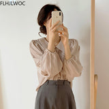 woloong Chic Korea Japanese Fenimine Clothes Women New Design Long Sleeve Solid Retro Vintage Black Pink Cute Tops And Blouses