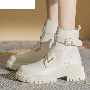 woloong  Autumn New Round Head Punk Women's Ankle Boots Patent Leather Fashion Platform Buckle Thick Heel Women's Motorcycle Boots