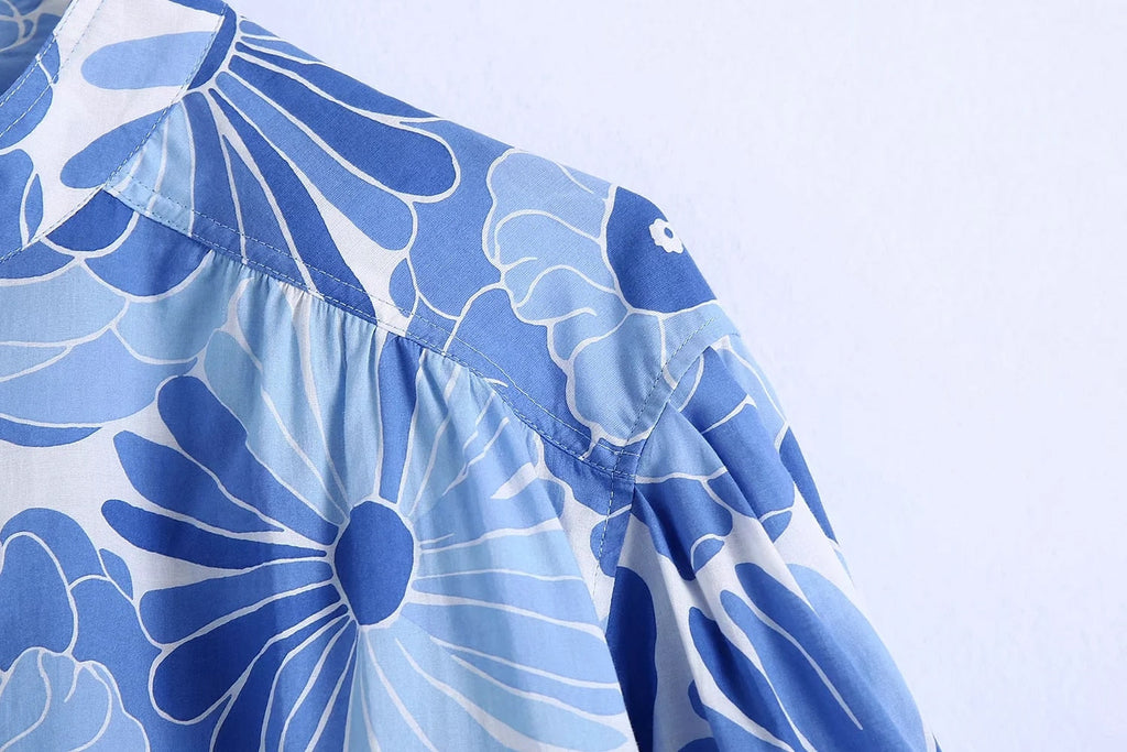 goosudu Flower Print Blue Short Sets Women Matching Set Blue Summer Spring Two Pieces Sets Suits Oversized Top Shorts