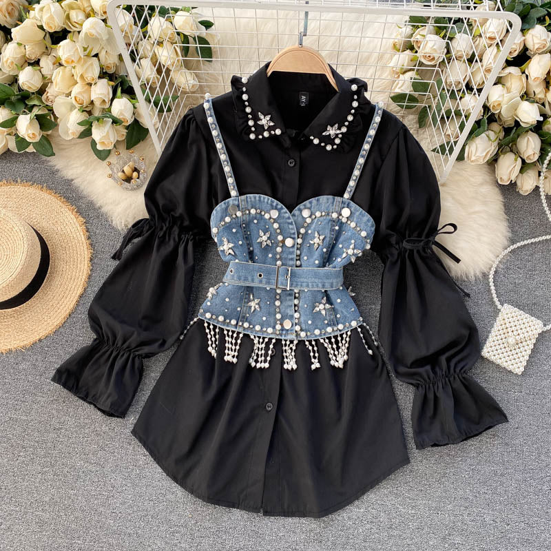 Spring New Blouse Women's Diamond Beaded Puff Sleeve Blusa Top Tassel Pearl Sling Waistcoat Two-piece Stacking Shirt C813