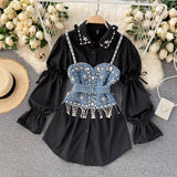 Spring New Blouse Women's Diamond Beaded Puff Sleeve Blusa Top Tassel Pearl Sling Waistcoat Two-piece Stacking Shirt C813