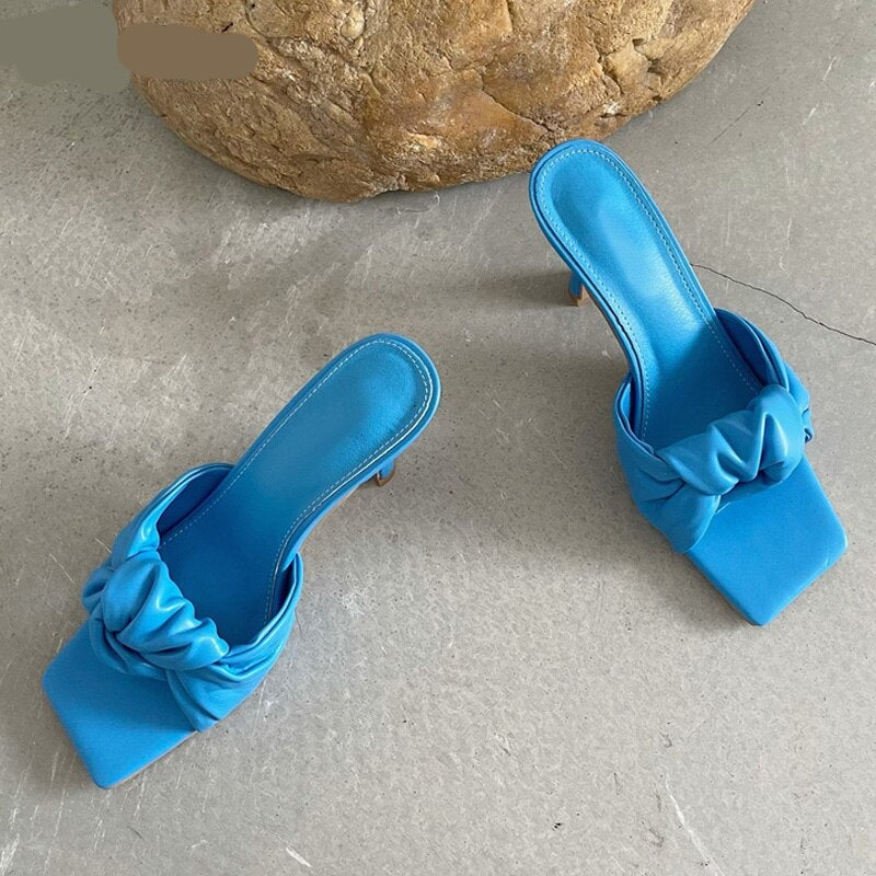 woloong New Design Pleated PU Leather Ladies Slippers Fashion Square Toe Sandals Women Leisure Sliders Shoes Low Thin High Heels