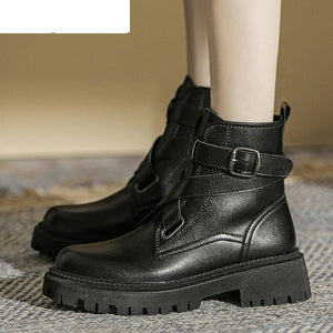 woloong  Autumn New Round Head Punk Women's Ankle Boots Patent Leather Fashion Platform Buckle Thick Heel Women's Motorcycle Boots