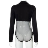 goosudu Patchwork Mesh Long Sleeve Single Breasted Bodysuit See Through Leggings Two Piece Set Autumn Women Fashion Sexy