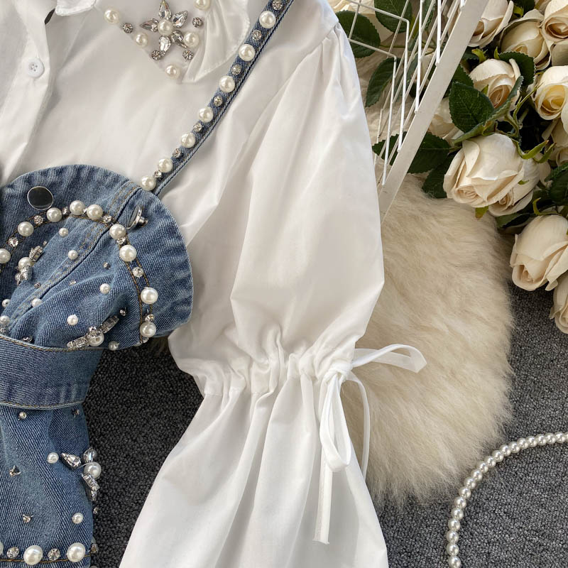Spring New Blouse Women's Diamond Beaded Puff Sleeve Blusa Top Tassel Pearl Sling Waistcoat Two-piece Stacking Shirt C813