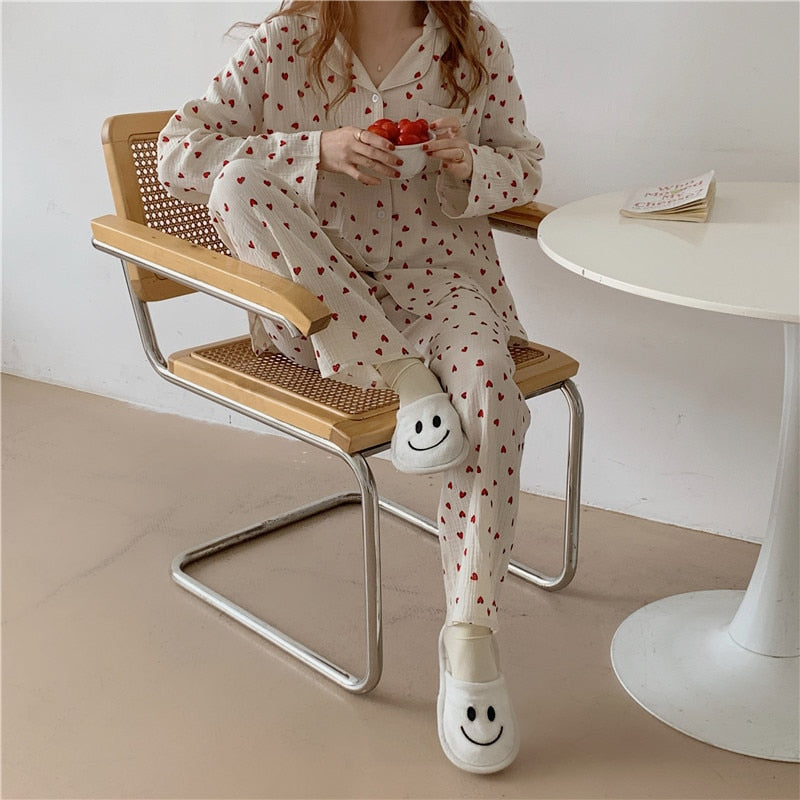 goosudu Cotton Pajamas Set Comfortable Long Sleeve Lovely Sweet Leisurewear Home Suit Spring Sleepwear Soft Korean Heart Print Kawaii