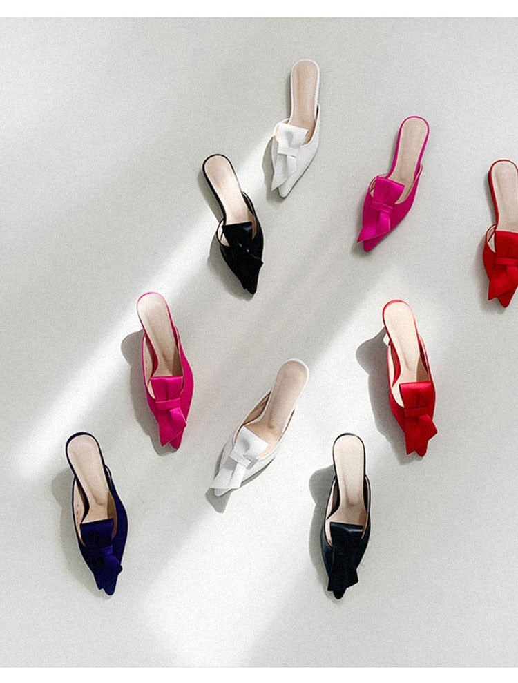 woloong  Pointed flat bow slippers women summer wear Baotou half slippers new fashion lazy sandals women's shoes