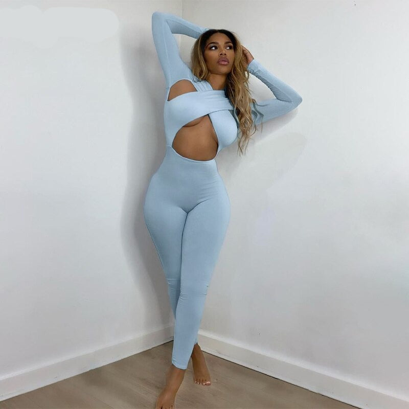 goosudu Solid Hollow Out Revealing Long Sleeves Slim Bodycon Jumpsuit Summer Women Fashion Sexy Sport Party Club Robe Y2K