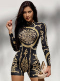 woloong  Classical Print O Neck Long Sleeve Playsuit New Year Sexy Slim Sports Elegant Casual Streetwear Concise Y2K