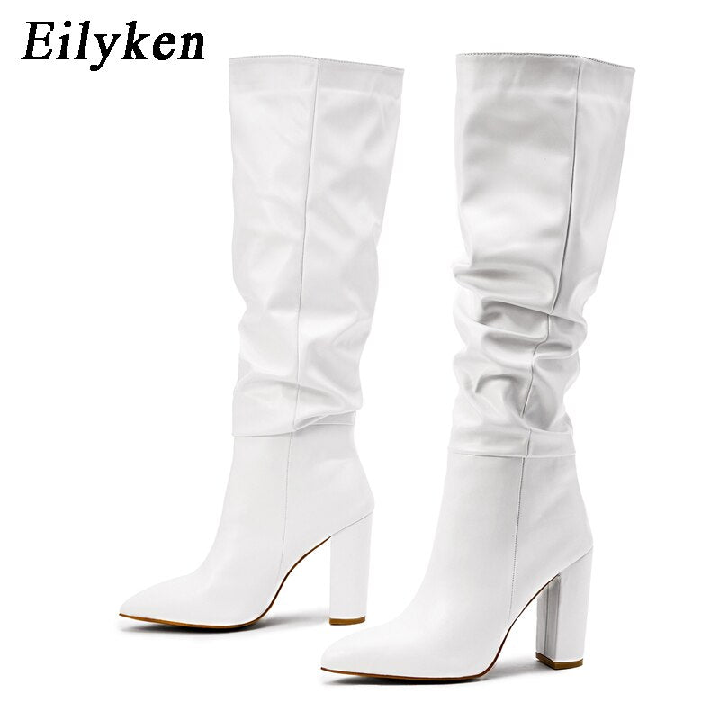 woloong New Brand Ladies Knee-High Boot Winter Folds Warm Square Heels Shoes Fashion Sexy Long Boots Solid Color Footwear