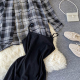 New Summer Autumn Casual Two Piece Set Long Sleeve Plaid Grey Overcoats Spaghetti Strap Slim Black Solid Dress