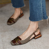 woloong  New Retro Style Female Summer Fashion Low-heeled Square Head Leather Hollow Fine Heel Baotou Metal Decoration Woman Sandals