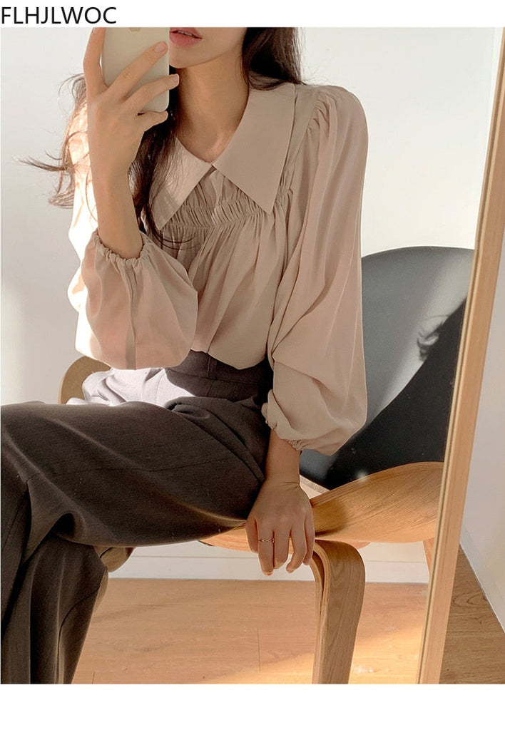 woloong Chic Korea Japanese Fenimine Clothes Women New Design Long Sleeve Solid Retro Vintage Black Pink Cute Tops And Blouses