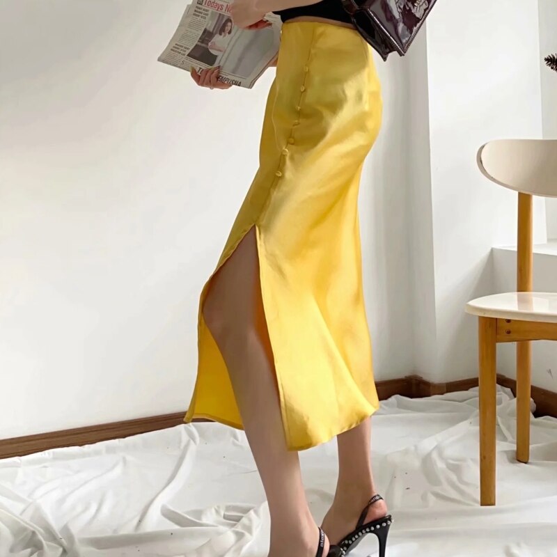 woloong  Summer Women Satin Elastic Waist Side Slit A-Line Skirt New Fashion Lady Button Decoration Falda Midi LUJIA ALAN P1597
