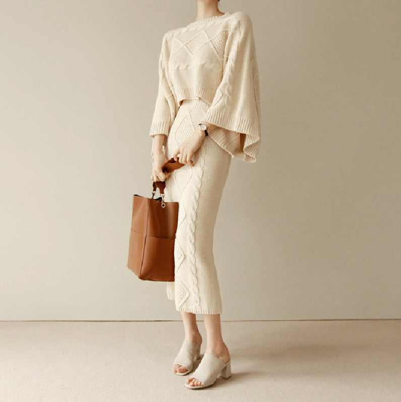 goosudu High Quality Autumn Winter Women Knitted 2 Piece Set  Batwing Sleeve Loose Tops+Slim Bodycon Skirt Female Sweater Suits