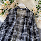 New Summer Autumn Casual Two Piece Set Long Sleeve Plaid Grey Overcoats Spaghetti Strap Slim Black Solid Dress