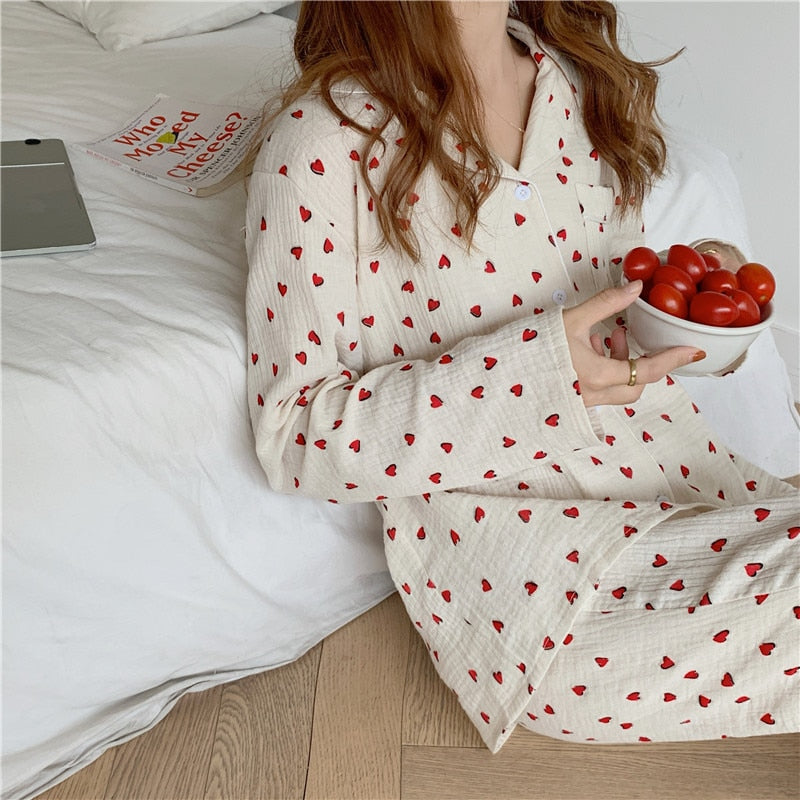 goosudu Cotton Pajamas Set Comfortable Long Sleeve Lovely Sweet Leisurewear Home Suit Spring Sleepwear Soft Korean Heart Print Kawaii