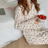 goosudu Cotton Pajamas Set Comfortable Long Sleeve Lovely Sweet Leisurewear Home Suit Spring Sleepwear Soft Korean Heart Print Kawaii