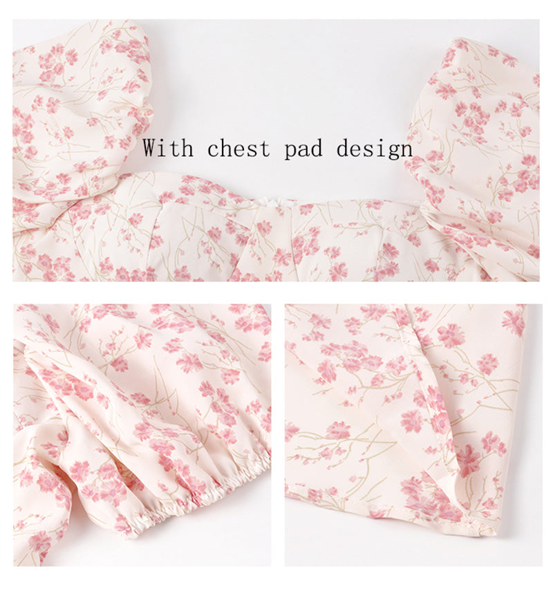 woloong  Short Sleeve Floral Dress Mini Sexy Women  Puff Sleeve Dress Vintage Slim French Square Collar New Summer Femme Clothes