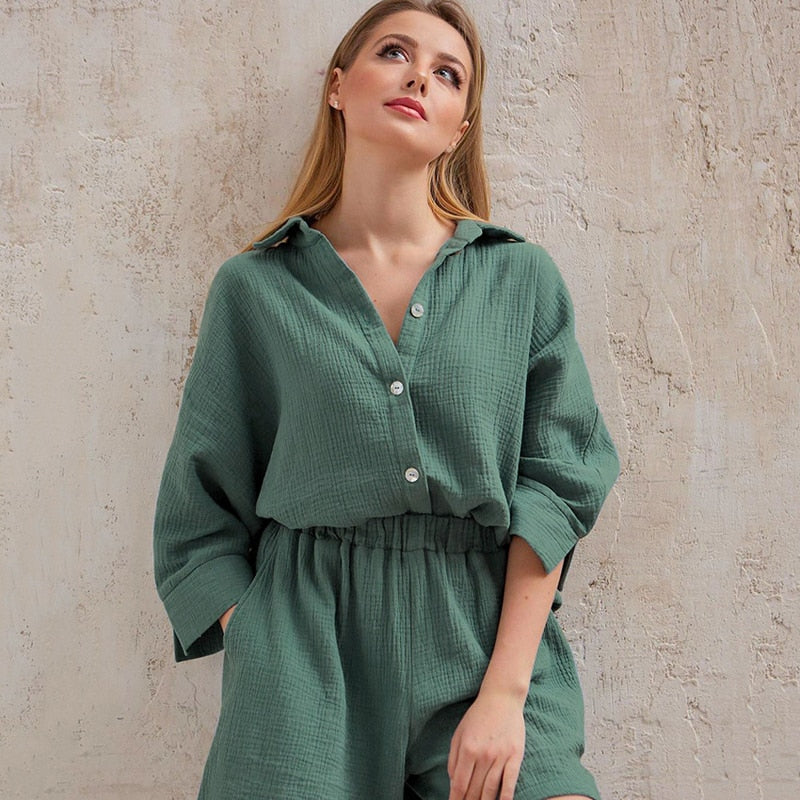 Cotton Pajamas For Women Sets Suit Casual Sleepwear Turn-Down Collar Nine Quarter Sleeve Sleep Tops Shorts Female Homewear