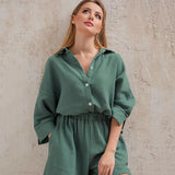 Cotton Pajamas For Women Sets Suit Casual Sleepwear Turn-Down Collar Nine Quarter Sleeve Sleep Tops Shorts Female Homewear