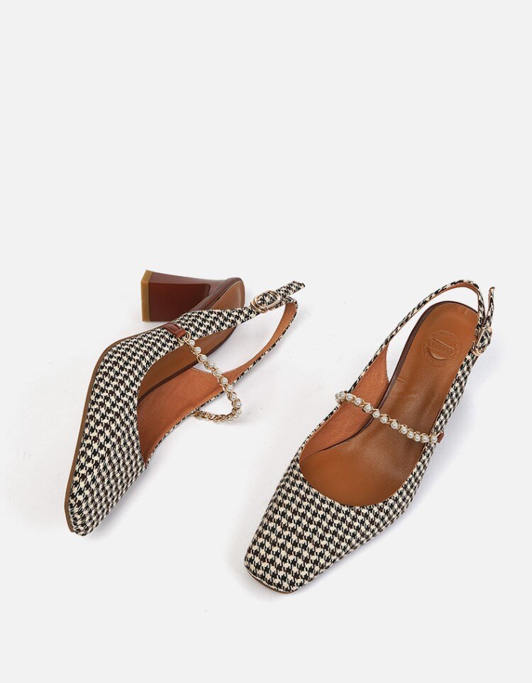 woloong New   Sandles Women Square Toe Thick Heel French Retro Women Shoes Pearl Buckle High Heel Party Sandals Houndstooth Pattern