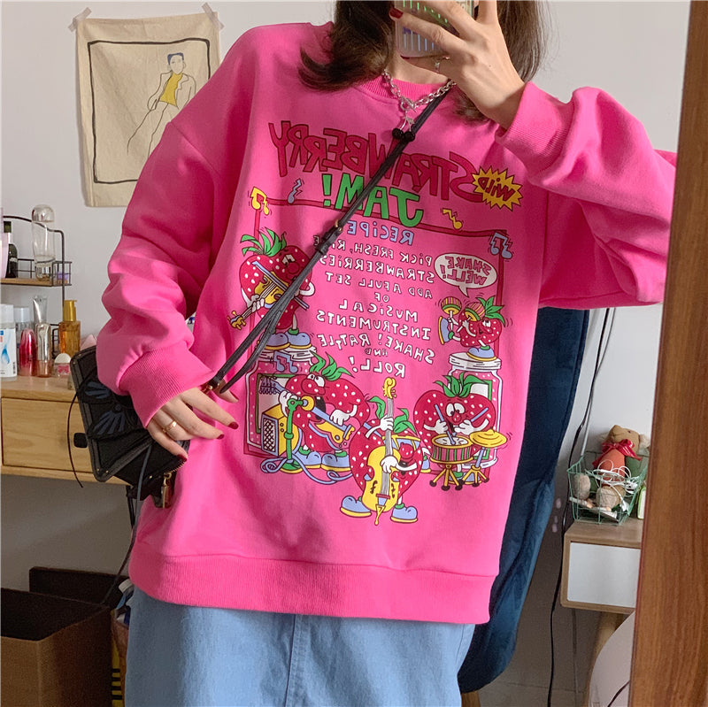 woloong Kawaii Rose Red Cartoon Letter Print Sweatshirt Vintage Streetwear Fashion Tops New O-neck Casual Teens Clothes Goth Punk