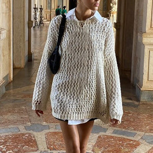 Dourbesty Women Hollow Out Crochet Sweater Vintage Fairycore Grunge Smock Knit Pullovers Fishnet Bathing Suit Cover Ups Swimwear