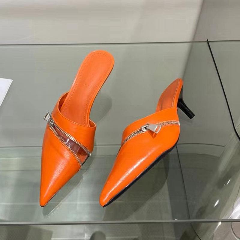 woloong  Summer New Women Slipper Fashion Brand Zipper Pointed Toe Slip On Ladies Elegant Mules Shoes Thin High Heel Slide