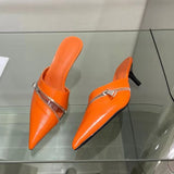 woloong  Summer New Women Slipper Fashion Brand Zipper Pointed Toe Slip On Ladies Elegant Mules Shoes Thin High Heel Slide