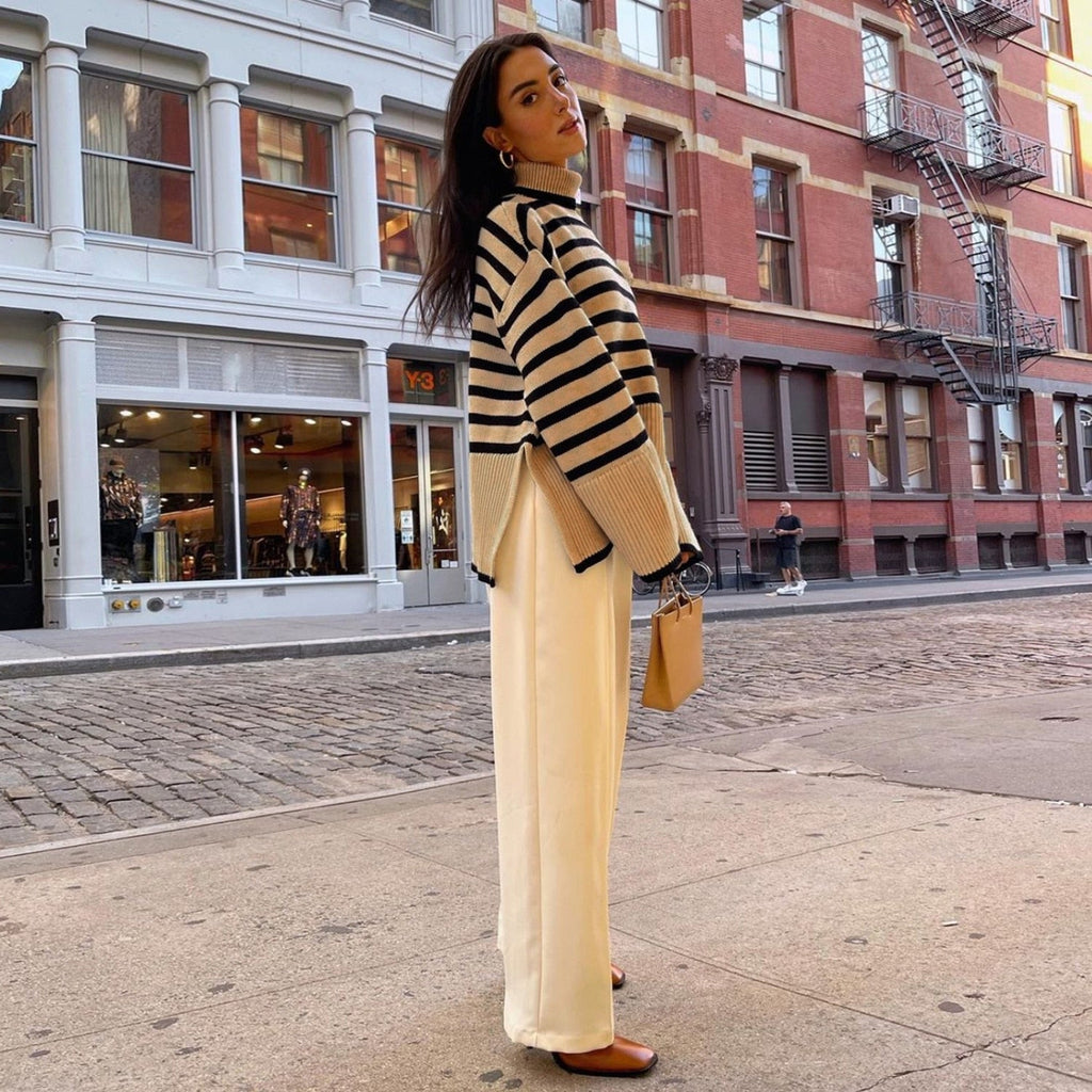 Winter Women’s Long Sleeves Knit Sweater Turtleneck Striped Print Loose Pullover Tops New Autumn Oversized Sweater