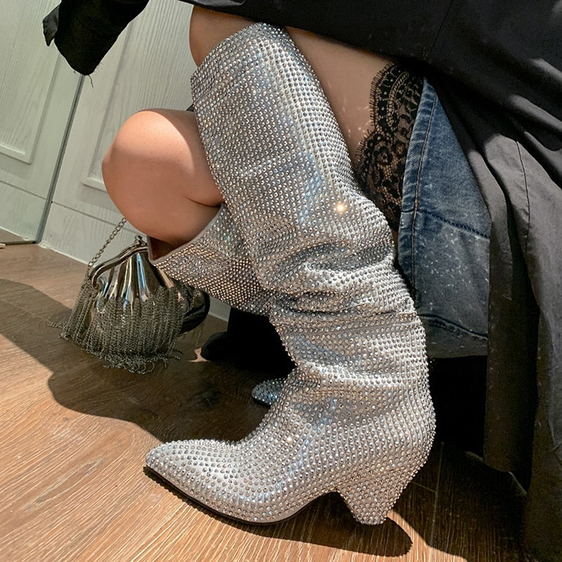 woloong New Crystal Shoes Woman Pointed Toe Over Knee High Boots Sexy Rhinestone Chunky Spike Heel Boots Ladies Shoes Botas Mujer