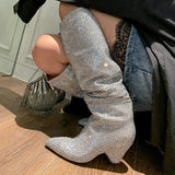 woloong New Crystal Shoes Woman Pointed Toe Over Knee High Boots Sexy Rhinestone Chunky Spike Heel Boots Ladies Shoes Botas Mujer