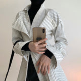 woloong  Korean Patchwork Ruffle Shirt For Women Lapel Long Sleeve Striped Casual Fake Two Shirts Female Fashion New Clothes