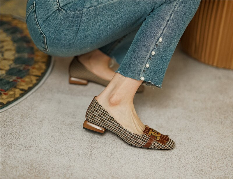 woloong  New Genuine Leather Women Shoes Fashion Tassel Beads Spring Pump Square Toe Slip-On Casual Shoes Thick Heel Size 35-42 Handmade