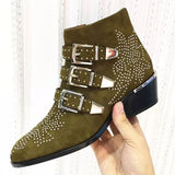Studded Real Leather Ankle Boots Women Round Toe Rivet Flower Martin Short Boots Cowhide Thick Heel Low New Heel Women's Shoes