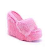 goosudu New Fur Slippers Women's Wedge Heel Shoes Women High-heeled Furry Drag Fashion Outdoor All-match Shoes Slippers Furry Slides