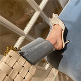 woloong New Baotou Half Drag Thin Heel Bow Sandals Pointed Pearl High Heel Muller Shoes